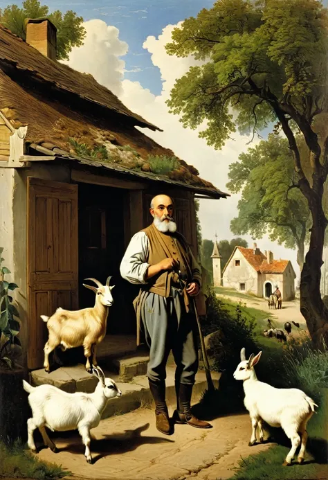 Painting of a man standing in front of a house with goats and rabbits, by Carl Bög, Paul Jacob Naftele, Eduard von Grützner, Antonio Galli Bibiena, Christopher Wilhelm Eckersberg, Robert Antoine Pinchon, Albert Joseph Peno, Joseph Anthony Petrini, in a vil...