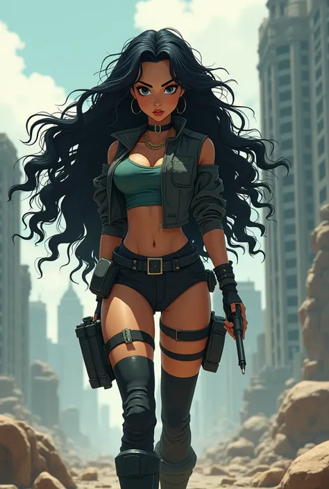 black girl, gross, long curly hair ,anime, Cyberpunk outfit, heavy artillery, Apocalypse, animation, latina, black eyes, piernas grosss