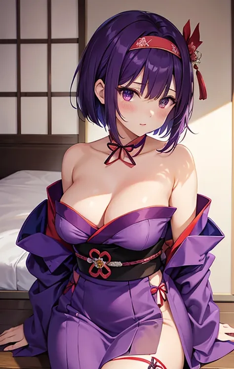 detached sleeves,japanese clothes ,purple dress,purple short hair,red Obi with a large ribbon on the back ,bare shoulders,strapless ,short kimono,purple over-kneehighs,Short Bob Hair,headband