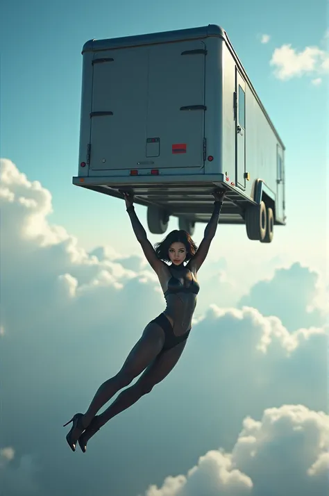 Dark short haircut blue eyes beautiful superheroine stockings high heels flying through the air lifts and transports a gigantic trailer above her head 