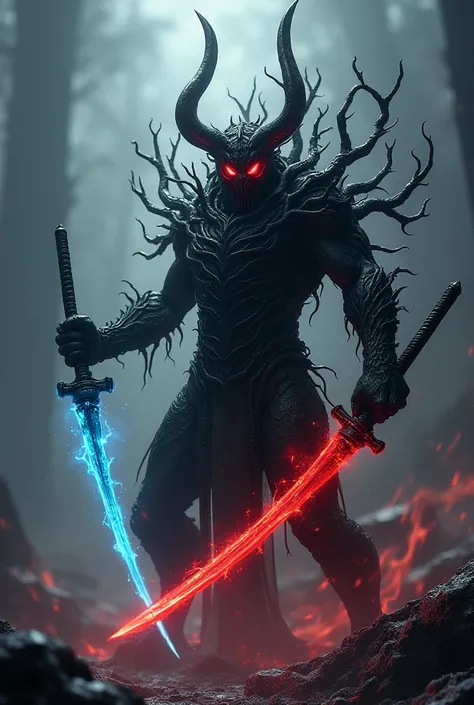 A demon made of black roots with red eyes with two katana-shaped swords, one blue and white and one black and red, making the swords more menacing.