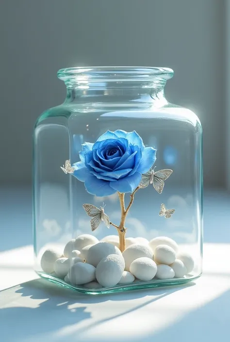 Small cubic glass jar with a dried blue rose on white stones and silver butterflies inside the jar