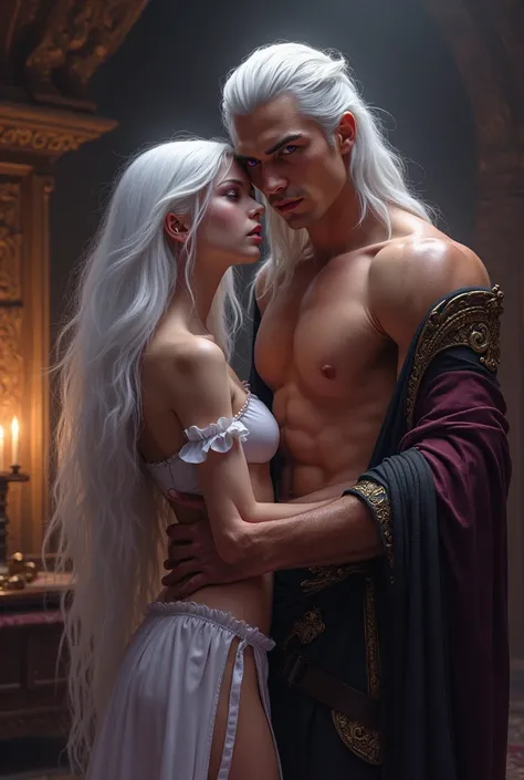 make a young girl low with long white hair, purple eyes, very pale white skin, very beautiful and sexy, half naked, in a mwdieval room from the middle ages, next to her is a man almost twice her size, tall and strong, with white hair and purple eyes, he is...