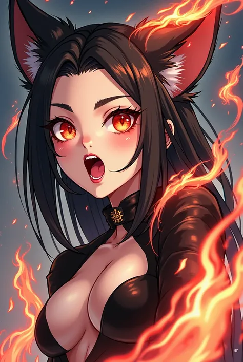 1 girl, black fur, Red eyes, Fire Witch, blood, light particles, Light rays, Wallpaper, high contrast, showy,