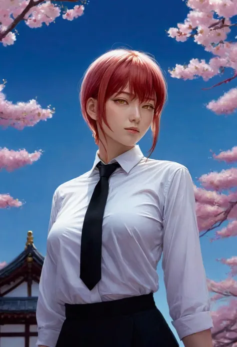 ((Go Min-si)) Create a striking anime-style digital illustration featuring a front portrait of Makima from Chainsaw Man. Portray her with her signature vibrant red hair, styled with straight bangs and a long braid draped over her right shoulder. Her pierci...