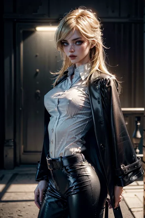 cowboy shot,a pretty 2 girl,blond hair,blue eyes,lora_Emma,slim athletic body,tight and stretched white blouse with buttons,button gap,short sleeves,ultra low rise black shiny latex pants,(double metal belt),empty studiobackground,((black coat on shoulders...