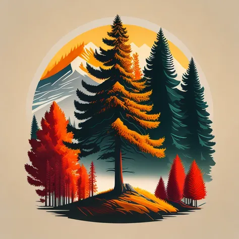 A spruce tree in autumn landscape, t-shirt design, rzminjourney, vector art