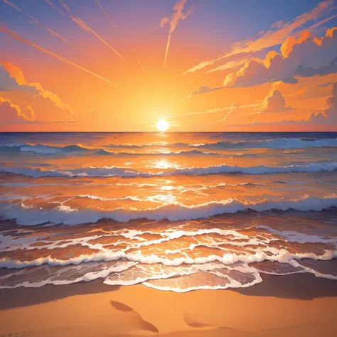 (masterpiece, best quality:1.1), (round logo:1.05), a sunset on the beach, orange sky, waves, picturesque, serene, relaxing, war...