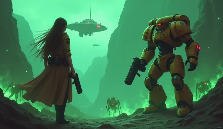 space middle ages, adeptus mechanicus, 1 girl,1 robot в котором человек, robot, plasma pistol, planet cronus, Mountainous terrain, unknown planet, green color, in the background there are beetles from underground, long hair, a fortress is flying in the sky