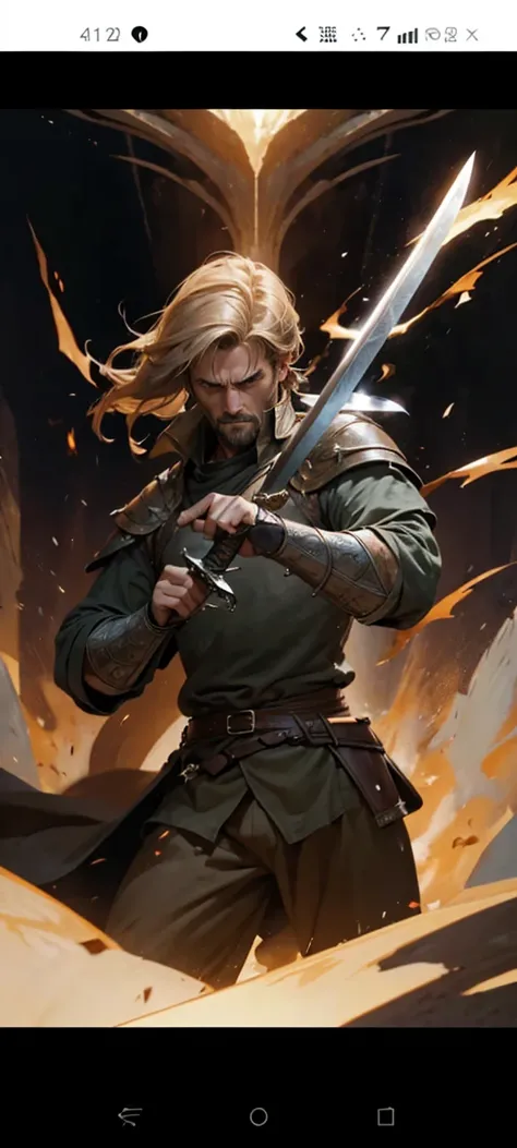 a man in a fierce battle, holding a large two-handed sword, intense expression, medieval warrior, dynamic pose, 40 year old man, simple shirt and loose brown pants, swinging sword, concentrated gaze, medieval, fantasy, dramatic