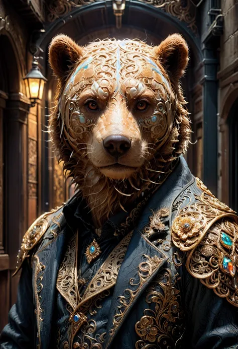 Brown Bear, centered head and shoulder face portrait of a Rococo Gothic filigree brown bear standing on a street, hyperdetailed photoillustration van Gogh Cinema 4D Oil painting Huang Guanjian finalRender lifelike Greg Rutkowski ismail Inceoglu Todd McFarl...