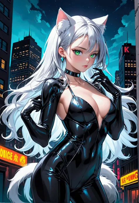 ((Sydney Sweeney)) ((very Sexy)) Create a hyper-realistic digital illustration of Black Cat / Felicia Hardy from Marvel Comics. Depict her in a confident, alluring pose, facing the viewer. Her signature platinum white hair should cascade in voluminous wave...