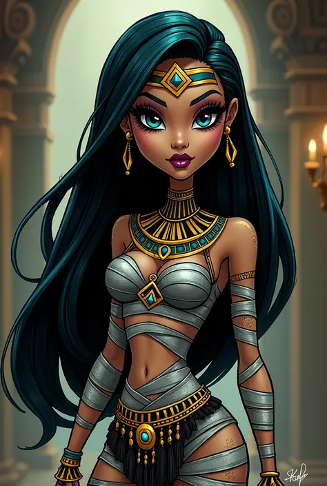 Create a redesign for Cleo De Nile [Monster High] using the gothic style with mummy bandages and Egyptian accessories [Cartoon Style]