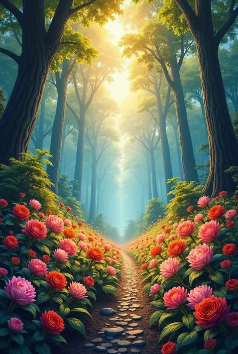 masterpice, (best quality), ((best detailed)), depth of field, nature, spirit, blossom flowers, colorful landscape, ilustration Very details, palet of colors warm, tall trees, dinamic, alive