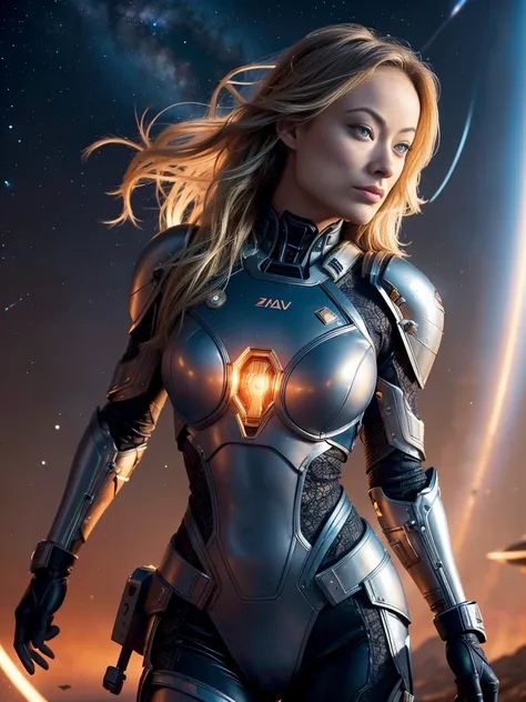 olivia wilde, an ultra hot gorgeous european woman, age 23 long wavy blond, fighting for her life in the far future, spaceships,...