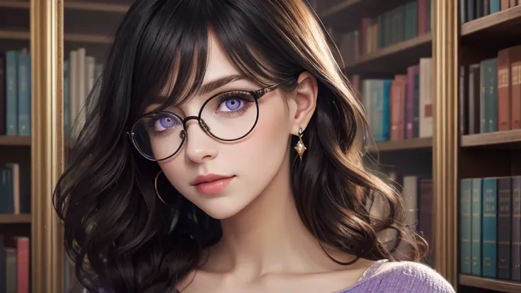 Wearing glasses，library，librarian、One person、Gold frame round glasses, Wavy Hair、Very cute face、Long Hair、Beautiful detailed black hair、Soft Light,Sparkling eyes，((Purple Eyes))、Captivating beauty、Attractive adult woman、Beautiful woman、Ultra-high resolutio...