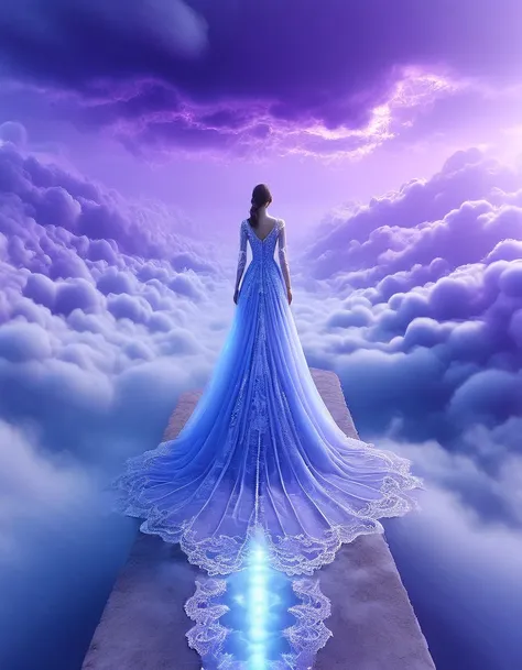 Tyndall phenomenon，Best quality,super detailed, valid,professional，Blue lace wedding dress，on a girl in full growth, Lots of lace,Rows of violet rays, cloud,fog，stands with his back to the viewer,White minimalist,partial reflection，Desktop wallpaper， 8 K,1...