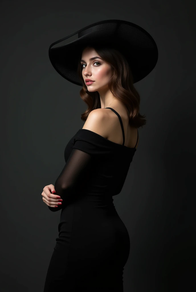 a woman 20 years in a black dress is wearing a big hat to the right, in the style of clever use of negative space, i cant believe how beautiful this is, light & shadow, crisp lines and forms, dark and intricate