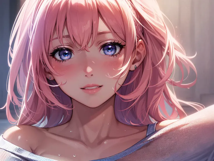 (Highly detailed realistic work) (with high resolution, 4K quality) perfect lighting, Detailed face detailed hair detailed eyes detailed nose detailed lips, A pretty girl with short pink hair, blue eyes with a smile, wearing sportswear, sweaty skin,