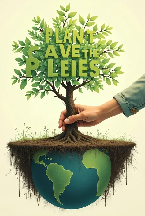 A drawing of a hand planting a small tree in the ground. The roots of the tree are shaped like the planet Earth., symbolizing the importance of reforestation to combat climate change. about the image, the phrase "Plant Trees, Save the Planet!" It is writte...