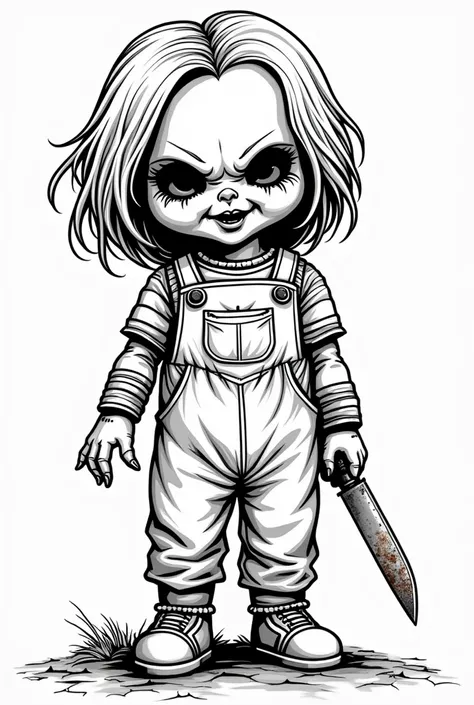 A spooky doll with a missing arm, holding a rusty knife, in a shadowy, abandoned house, black and white, coloring page for kids, 2d outline, bold lines, isolate on white, no black color