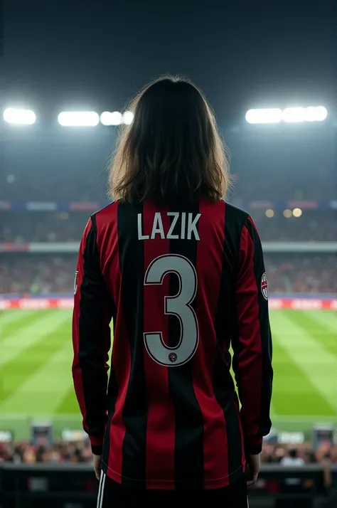 standing on San Siro at night from behind wearing AC Milan shirt with long sleeves from 2007 and with number 3 and Lazik written on it in and with long hair in realistic style 