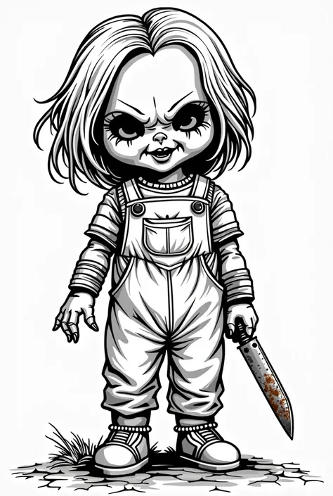 A spooky doll with a missing arm, holding a rusty knife, in a shadowy, abandoned house, black and white, coloring page for kids, 2d outline, bold lines, isolate on white, no black color