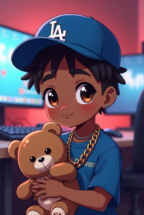 Anime black kid boy with twist hairstyle  and a blue la cap with a iced out chain in his neck  and holding a teddy bear Background a gaming room face cute brown eyes normal anime kid face 