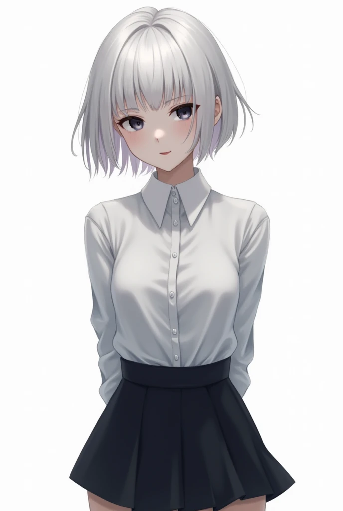 ((masterpiece, best quality)), (1 girl), (alone), (female focus), (choking, white hair, short hair), black eyes, slight smile, open mouth, ((White shirt), (buttoned shirt), (space between buttons)), ((Black skirt), (short skirt)), standing, white backgroun...