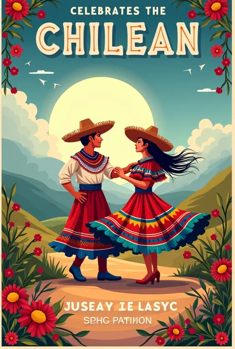 Generate a poster of Chilean national holidays, That Says It Will Be Done On The 17th, 18, September 19 and 20, With a couple of Huasos dancing