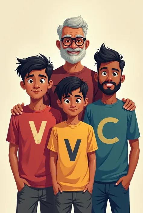 Five young boys (ages 16-24) are drawn as gamers (the older boy is wearing round glasses and has a bit of a beard and the letter V is written on his T-shirt. One young man is a bit black and has a bit of a beard on his T-shirt.  The letter is marked, anoth...