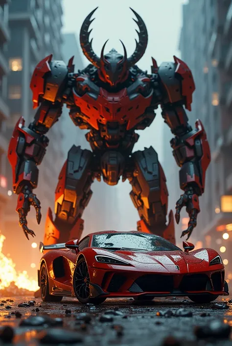 A supercar is Fully loaded with Armod weapon in night time at city destroying Building and turned into a Giant robot in red and black color and fighting with venomus Ant