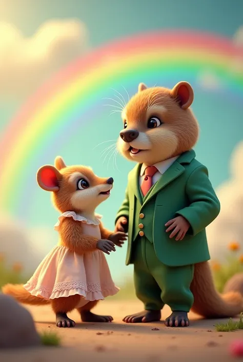 baby platypus duck in dress and beaver in green suit on rainbow 