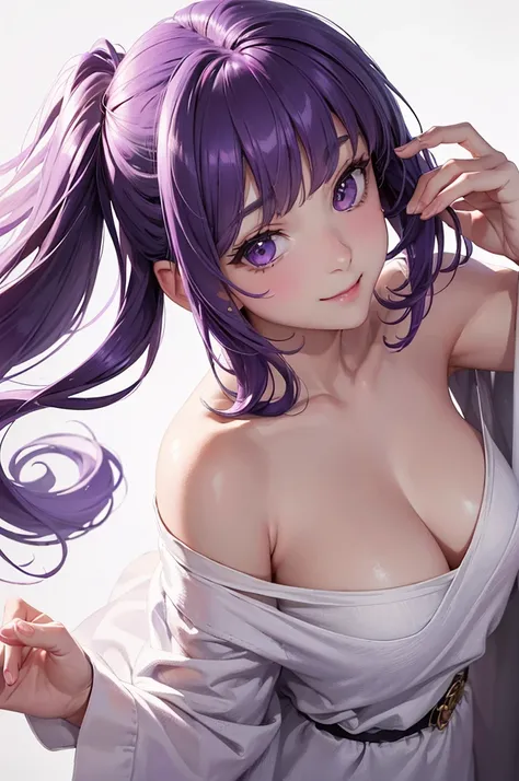 Best Quality,High resolution,8k,(plain white background, no patterns, no textures, just a plain white background:1.3),Masterpiece:1.2),beautiful girl,Big Breasts,(Shiny purple hair:1.3),bob cut,Beautiful purple eyes,Casual wear,Japanese Gothic,Absolute are...