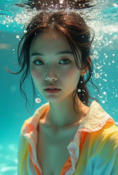 A beautiful girl 26 years with big green eyes and long eyelashes is swimming underwater. The water around her shimmers like glass. The girls shirt color glitters with light blue, yellow, and orange pink colors in a colorful, vibrant, hyper realistic style ...