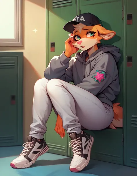 Anthropomorphic wolf, feminine, wearing a slightly gray sweatshirt, a black cap under the hood, white and gray wide pants, All star brand sneakers, leaning against a locker inside a high school