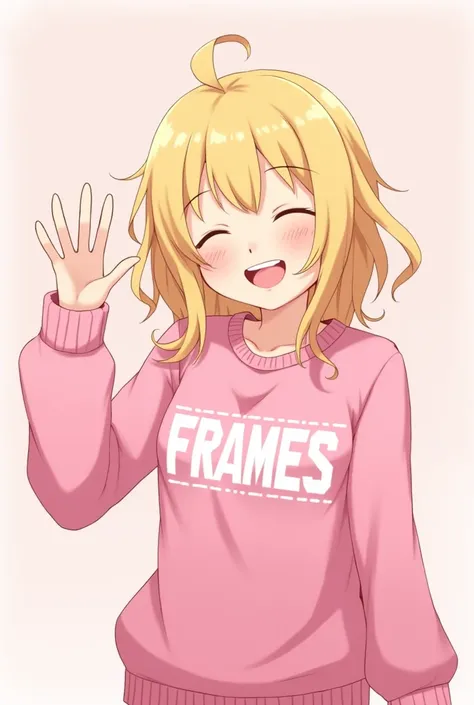  the blonde hair design is anime he smiles has his eyes closed and waves forward also has curls and a pink sweater with framess written on it in the middle with white writing the background is light pink 