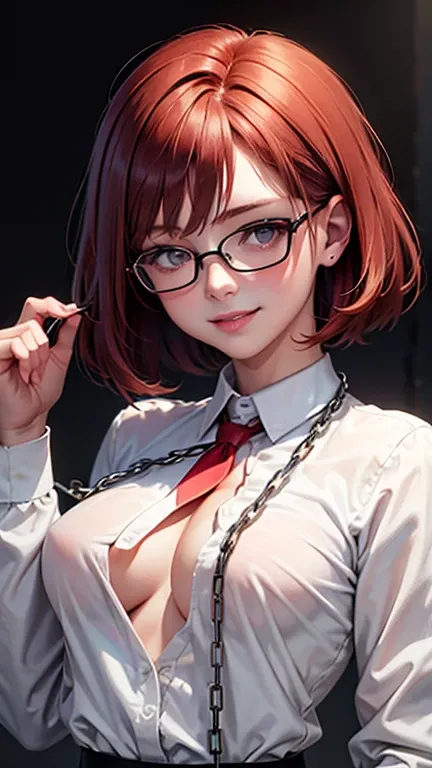 Short, Red hair, green eyes, smile, girl , metal frame glasses. Best quality, ultra detailed, White shirt, large breasts size twelve, tie, look, smile, (In the bad: 1.2), looking at the viewer, (interview: 1.3), (dark background, chains: 1.3), above, sharp...