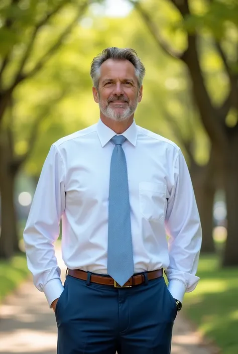 A man in a white dress shirt with a light blue tie and mid-blue dress pants against a background of trees and a sunny day

