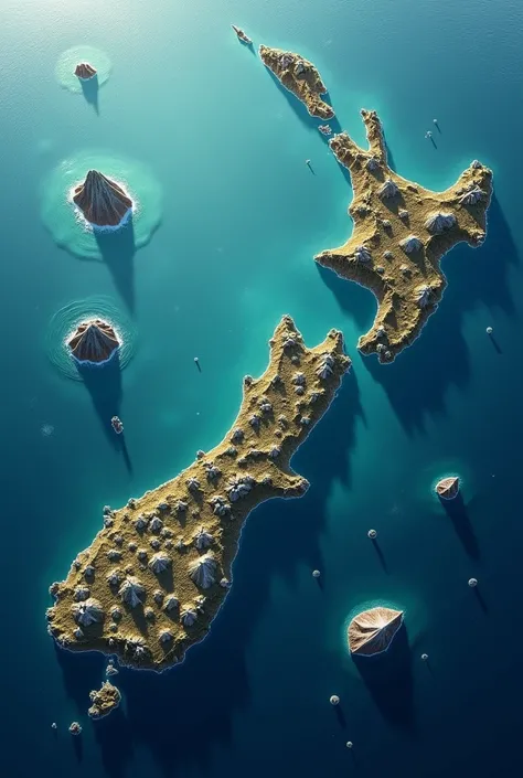 Map of New Zealand with a giant submerged mountain range beneath it, hidden underwater, showing only the peaks above the ocean.