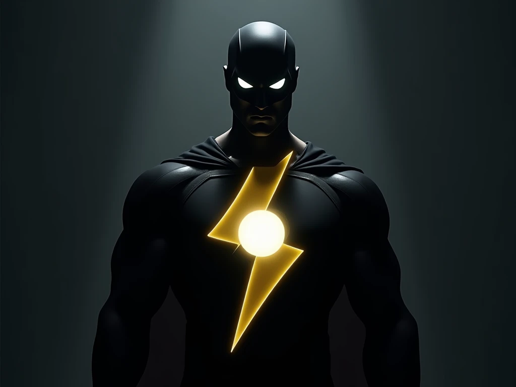 male character, with superhero outfit, dark, just the eye highlighted in white, like Superman, just the silhouette, symbol on the chest, yellow lightning with white circle, yellow lightning, head of a man like Superman, without mask , no type of mask, two ...