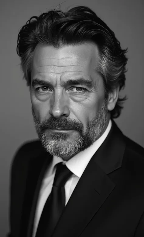 The image shows a black and white portrait of a middle-aged man with a beard and dark hair wearing a suit. He appears to be looking directly at the camera with a serious expression. The man has a distinctive and authoritative presence in the image.