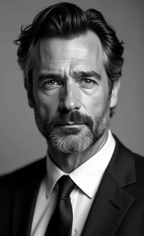 The image shows a black and white portrait of a middle-aged man with a beard and dark hair wearing a suit. He appears to be looking directly at the camera with a serious expression. The man has a distinctive and authoritative presence in the image.