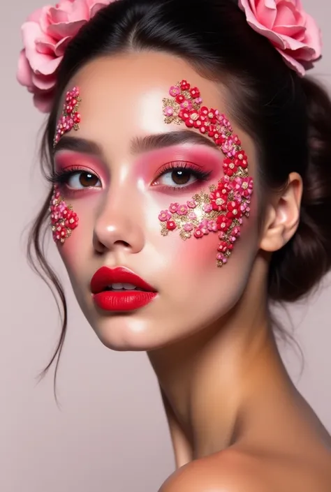 Create facial makeup with flowers, only flashy makeup  ,of red colors , pink and pastels 