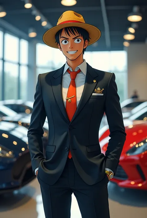 Car salesman, high, moreno, with an elegant outfit, first the king, one piece theme