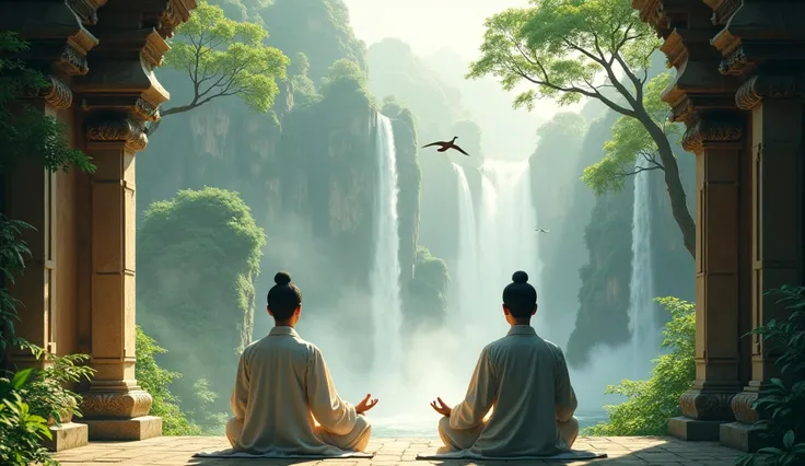 2 Asians meditating in an ancient temple with birds flying and two waterfalls in front and lots of nature