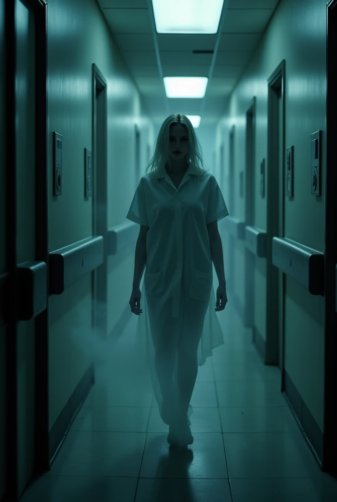 A dimly lit hospital corridor at night. There are 3 closed doors on each side. A woman in 90s nurse clothes walks from one door to another, her body is translucent, almost transparent, and her face is featureless.