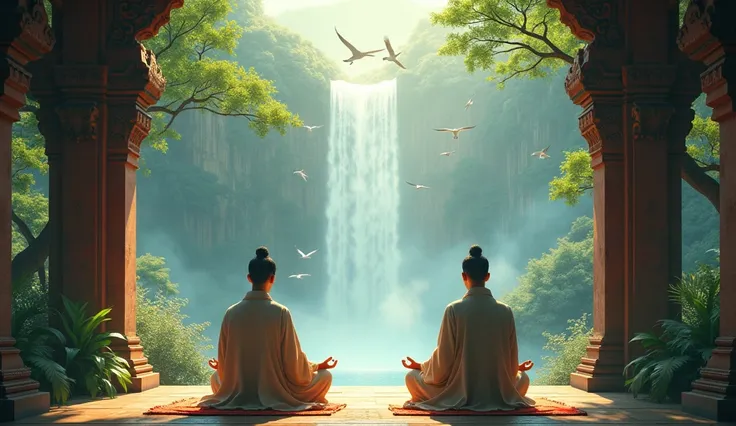 2 Asians meditating in an ancient temple with birds flying and two waterfalls in front and lots of nature