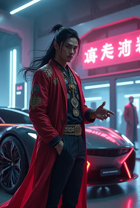 car seller, Cao Cao, dark-skinned, with an elegant outfit, brunette skin, Anime Theme 