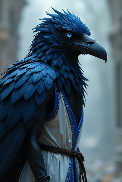  humanoid crow with black feathers with dark blue tips, deep blue eyes, whitish beak, having only the left wing in the same color scheme as its feathers, wearing a kind of white tunic with blue details, sleeveless and hoodless. Query topic: Por favor, crea...